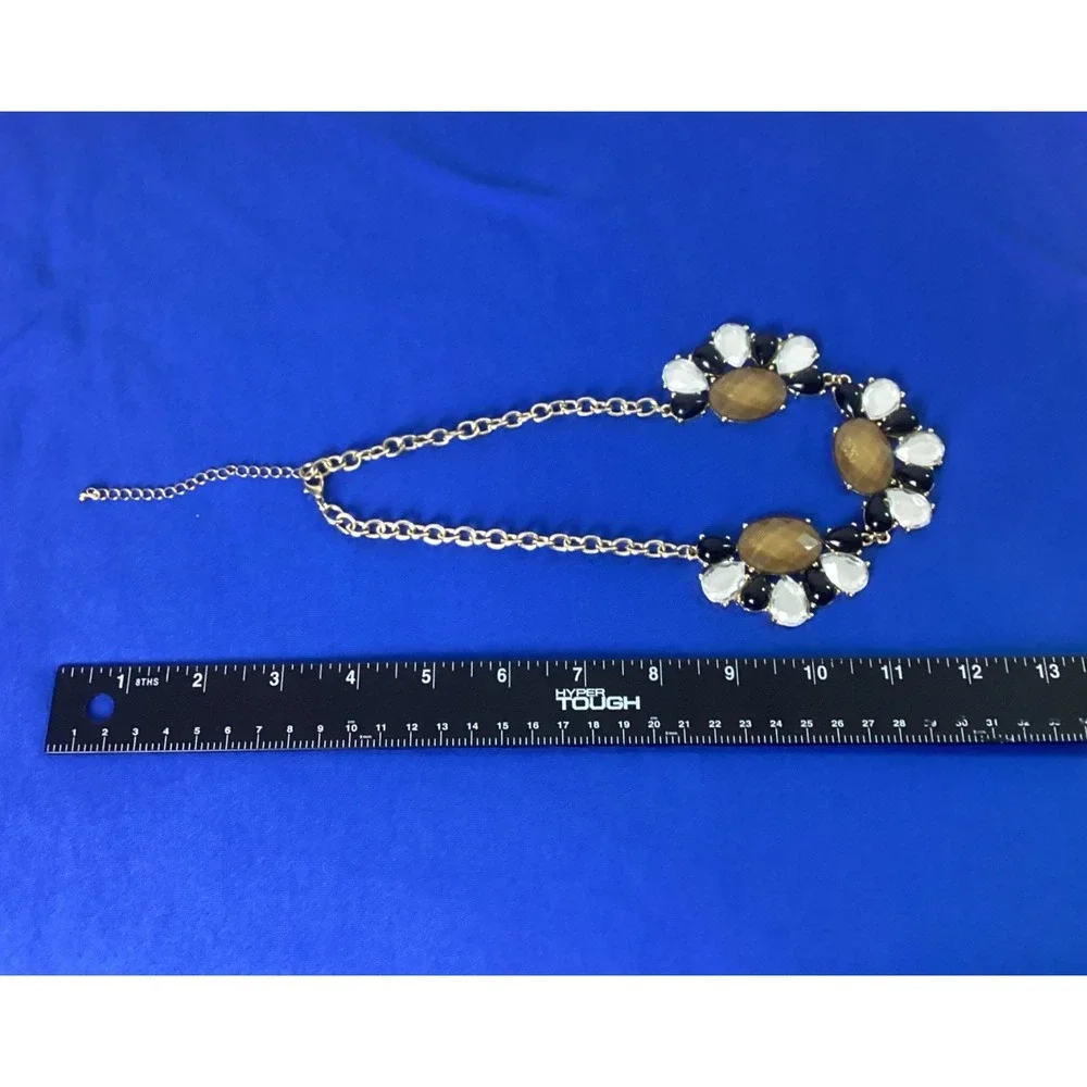 Vintage Gold Tone Necklace Black & Clear Teardrop Accents Faceted Brown Stones